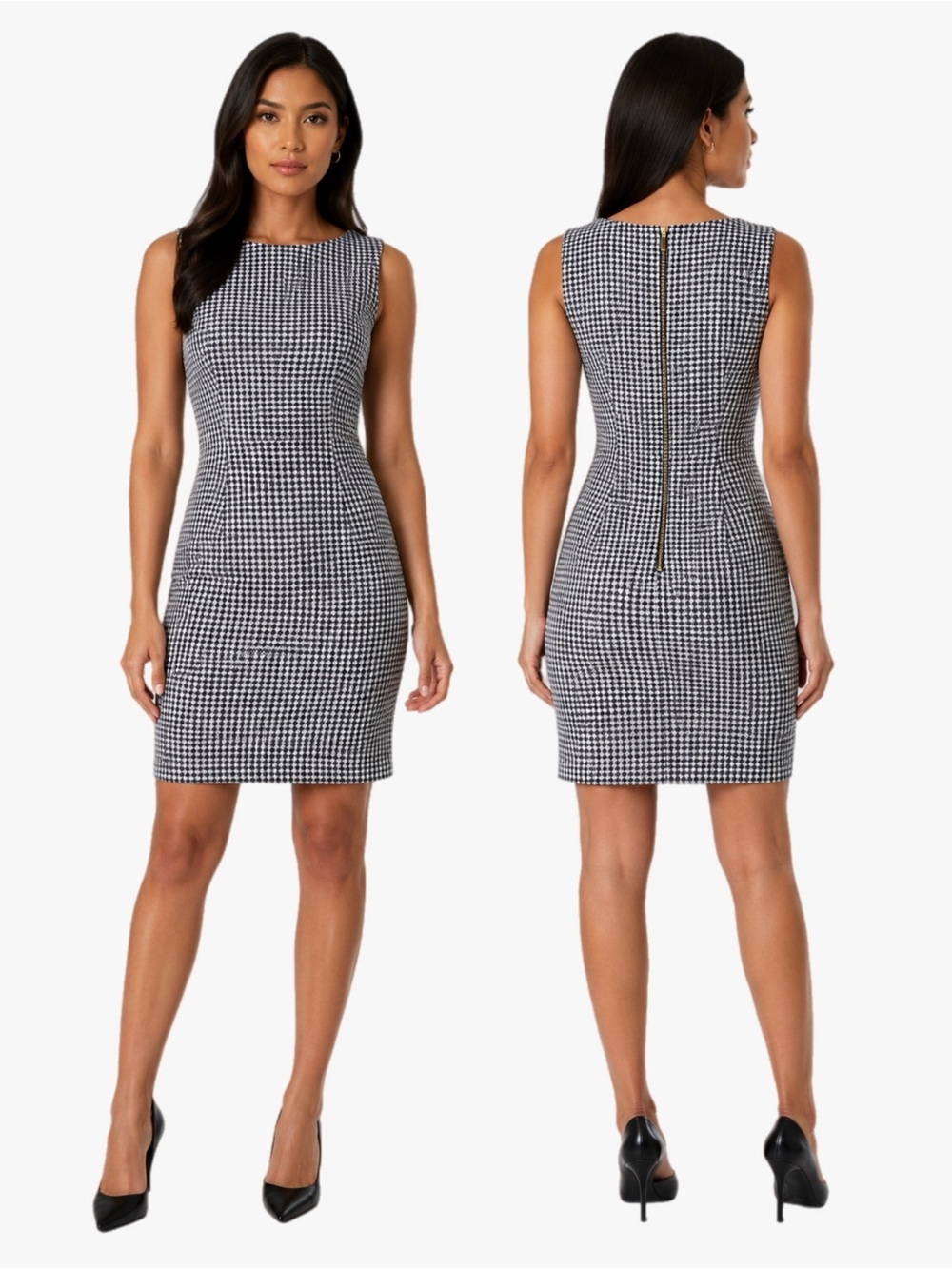 Calvin Klein Navy Blue White Houndstooth Zip Back Career Workwear Dress Sz 6